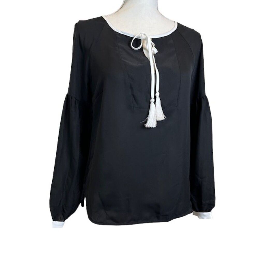 Badgley Mischka Blouse Black with White Trim Tie Tassels Button Cuff‎ Size XS
